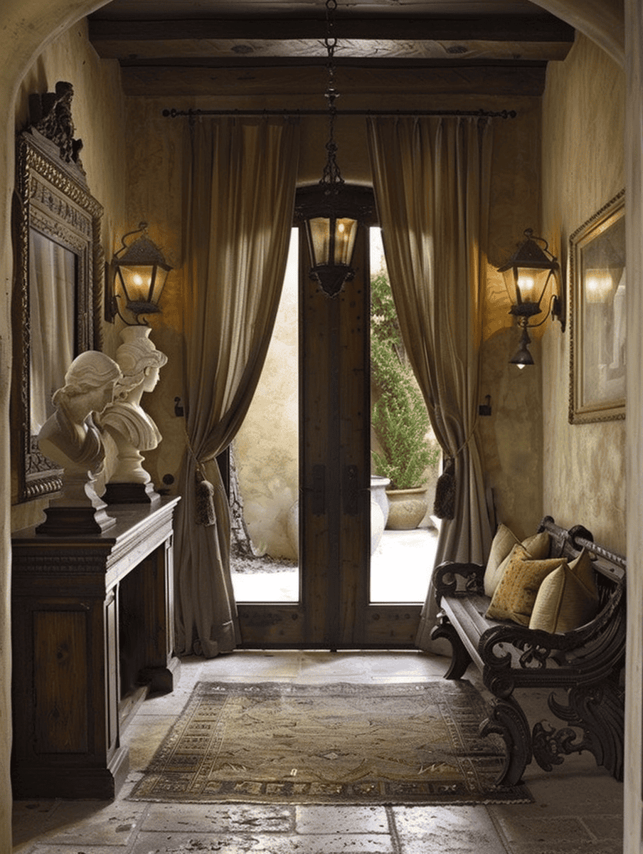 Rustic entryway with Old World Charm featuring Lantern Lighting and Heavy Drapes