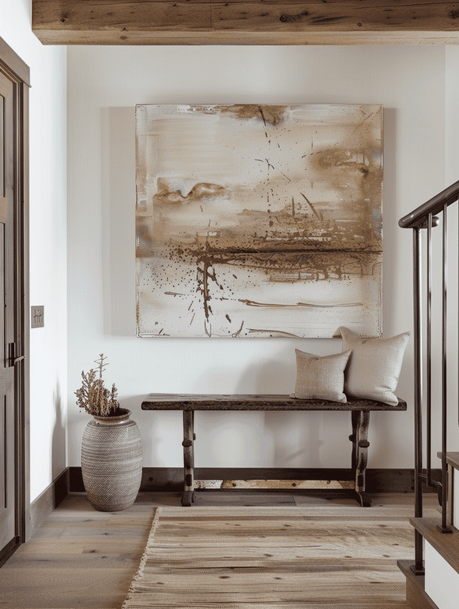 Rustic entryway with eye-catching abstract art and simple furniture