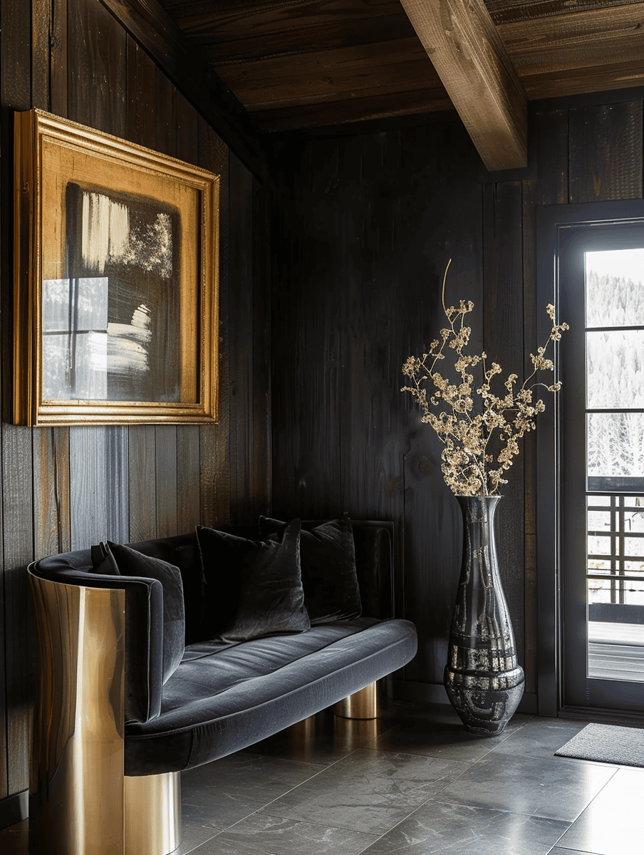 Rustic entryway with Luxurious Touch featuring Velvet Seating and Gold Trim,