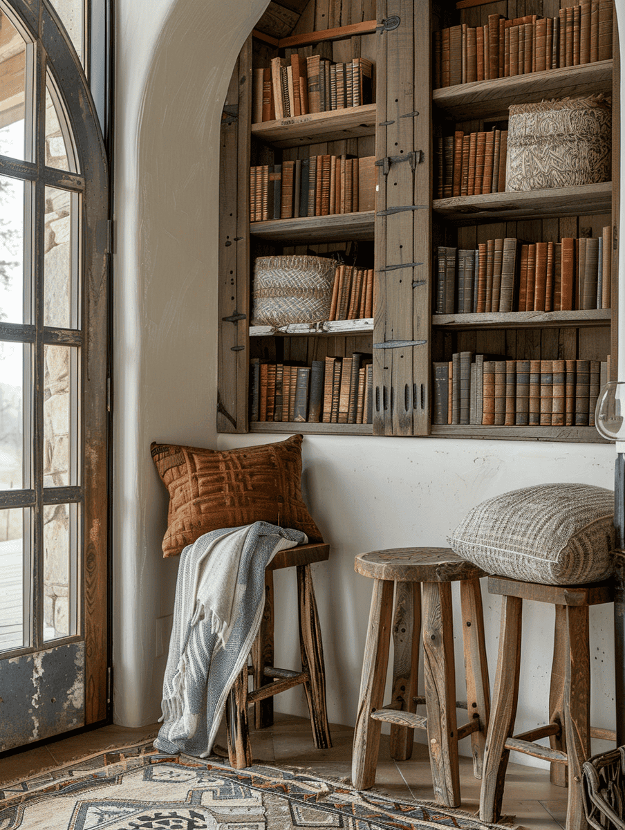 Rustic entryway Homestead Style with Quilted Throws and Wooden Stools