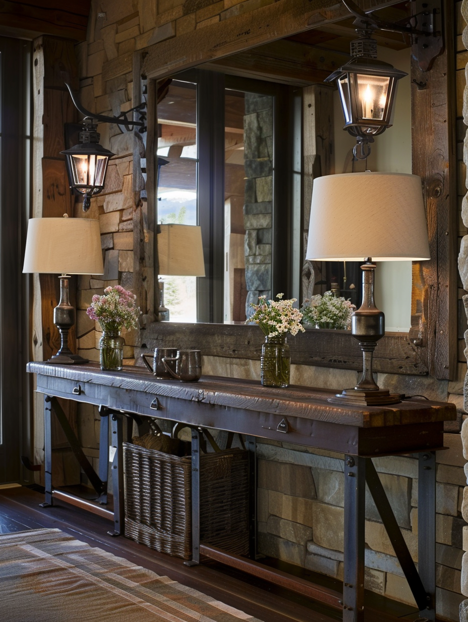 Rustic entryway with metal accents and Industrial lamps