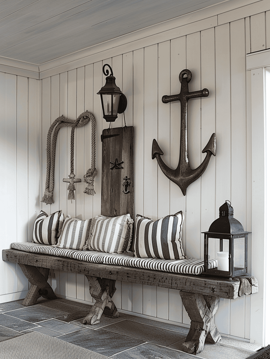 Rustic entryway with Rope Accents and Weathered Wood featuring anchor decor pieces, striped throws and cushion