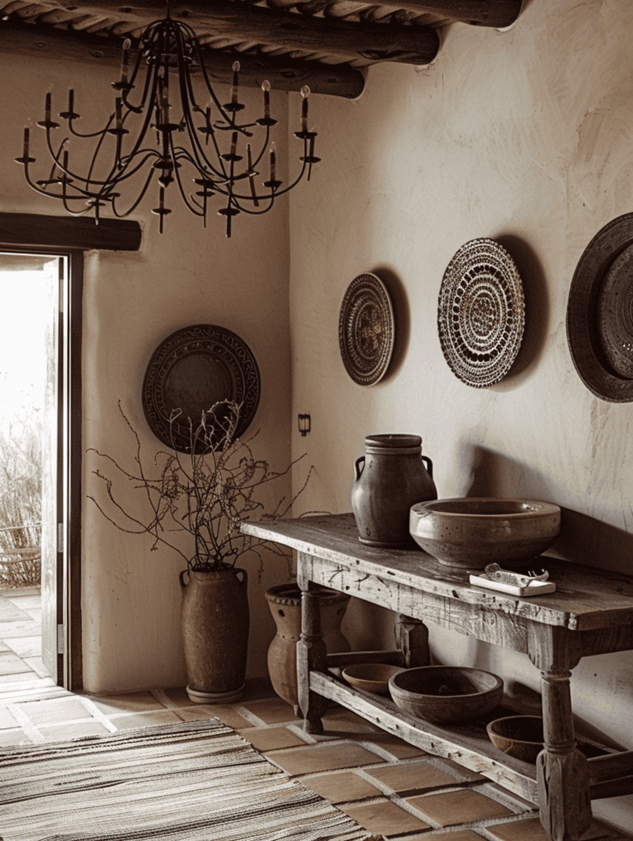 Rustic entryway with handmade pottery, iron chandelier, and ceramic wall hangings