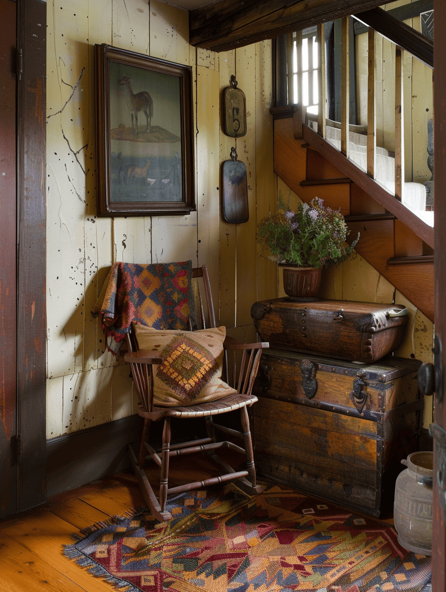 Rustic Heritage entryway with Family Heirlooms and Traditional Patterns featuring a classic wooden rocker and heirloom quilt