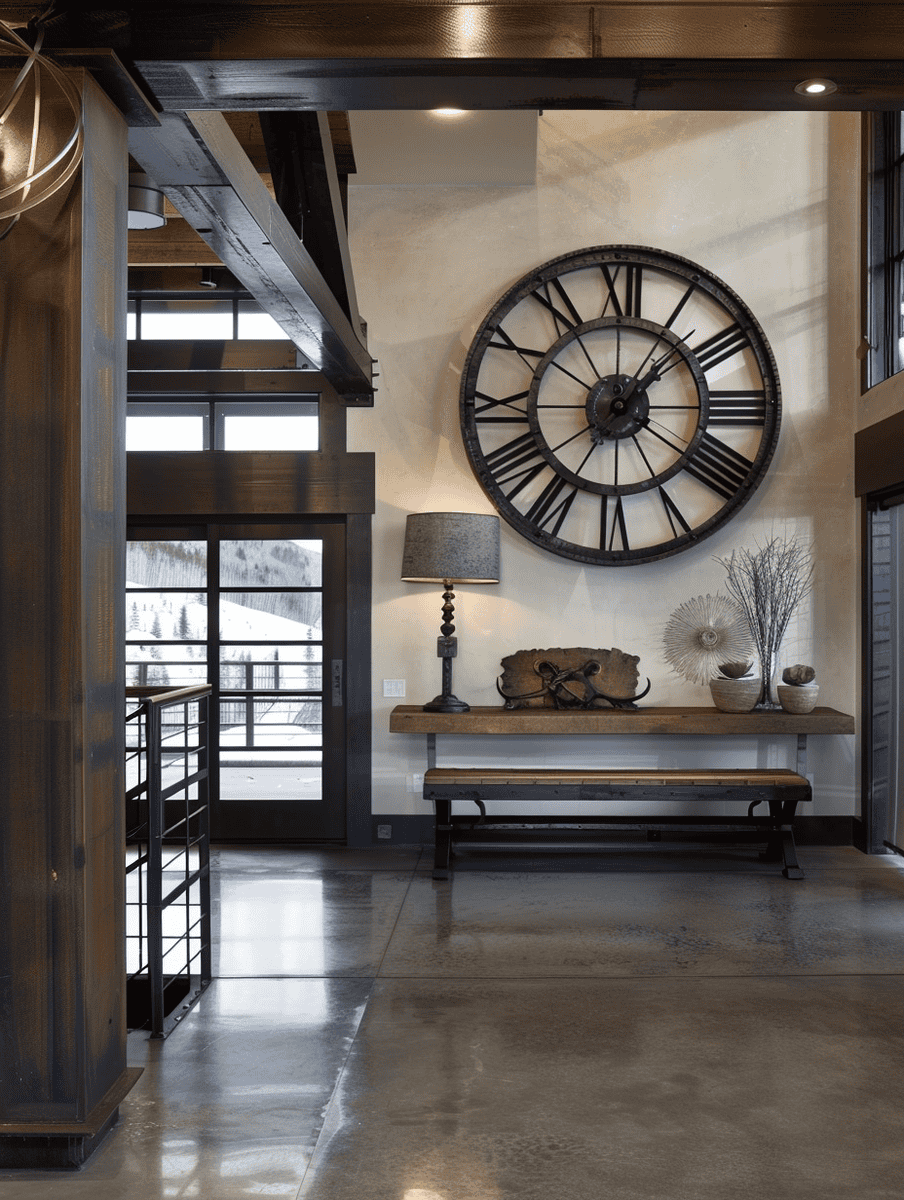 Rustic entryway with Industrial Edge featuring steel beams, steel-framed bench, large clock, and concrete floors