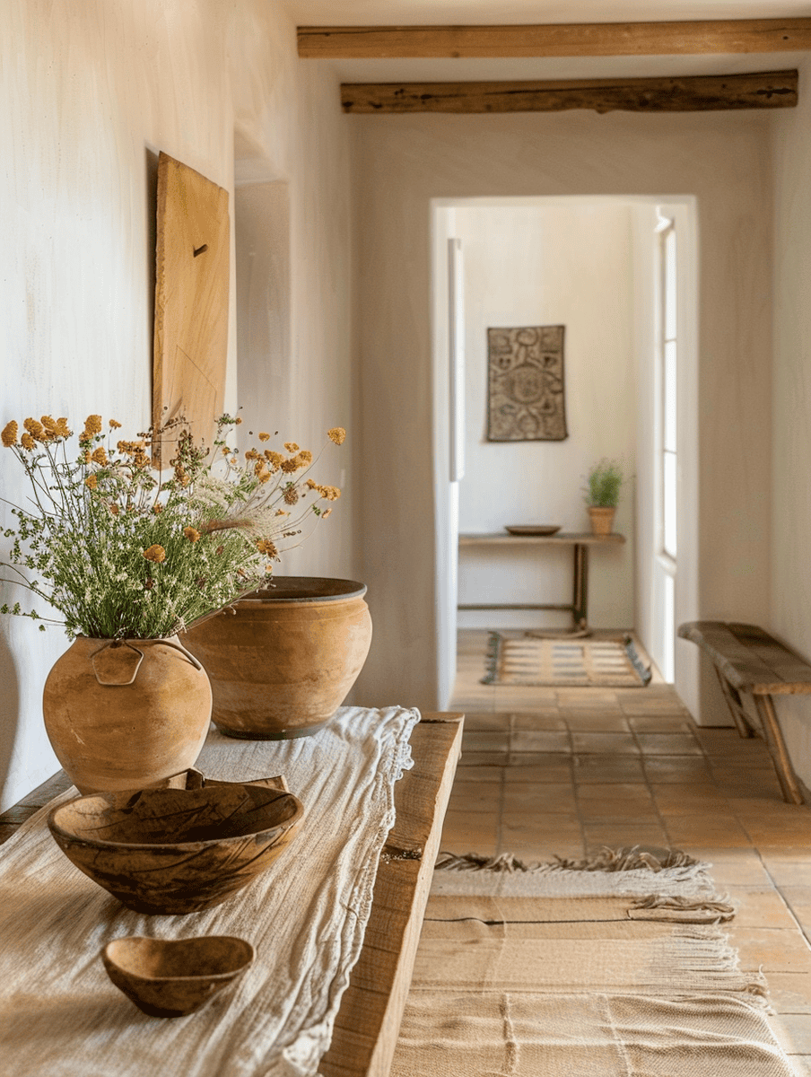 Rustic entryway with natural wood table and earthy clay pots, featuring linen runners and handmade wooden bowls