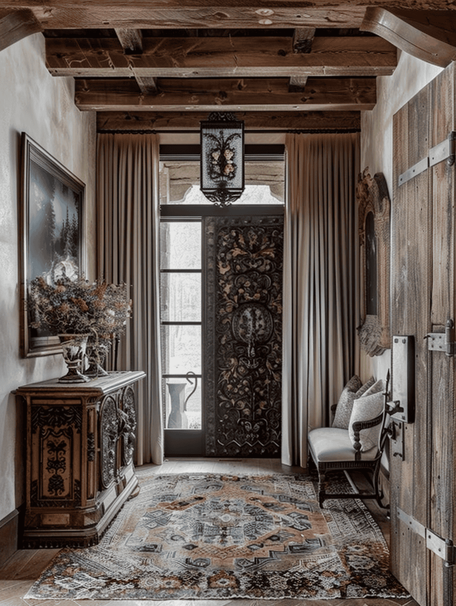 Rustic entryway with ornate wood carvings, luxurious curtains, and plush rugs