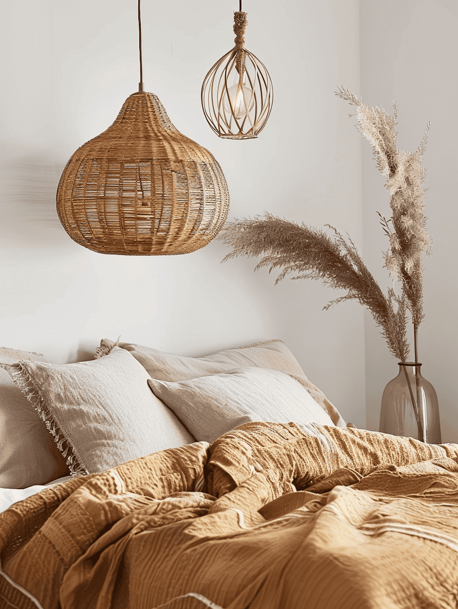 Pendant lights crafted from natural materials such as rattan or wicker above bed