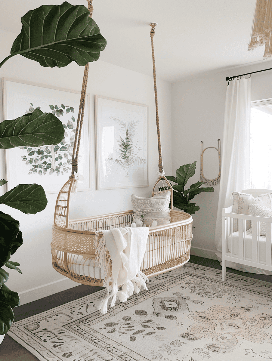 Boho chic nursery with a hanging rattan bassinet and botanical wall arts