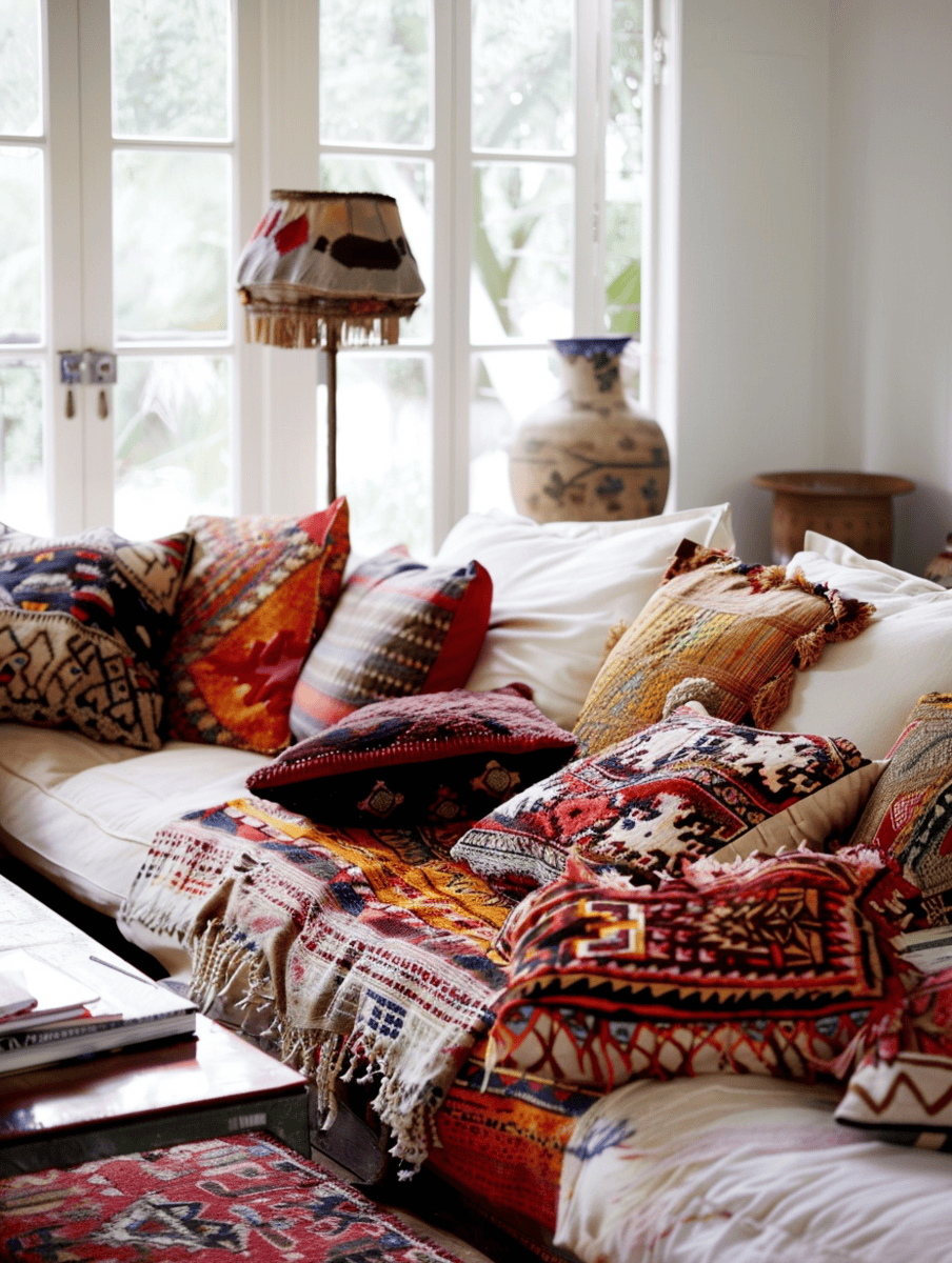 A cozy, bohemian-styled room bathed in soft light, featuring a cream sofa overflowing with an eclectic mix of colorful patterned pillows and throws, next to a large window with garden views.