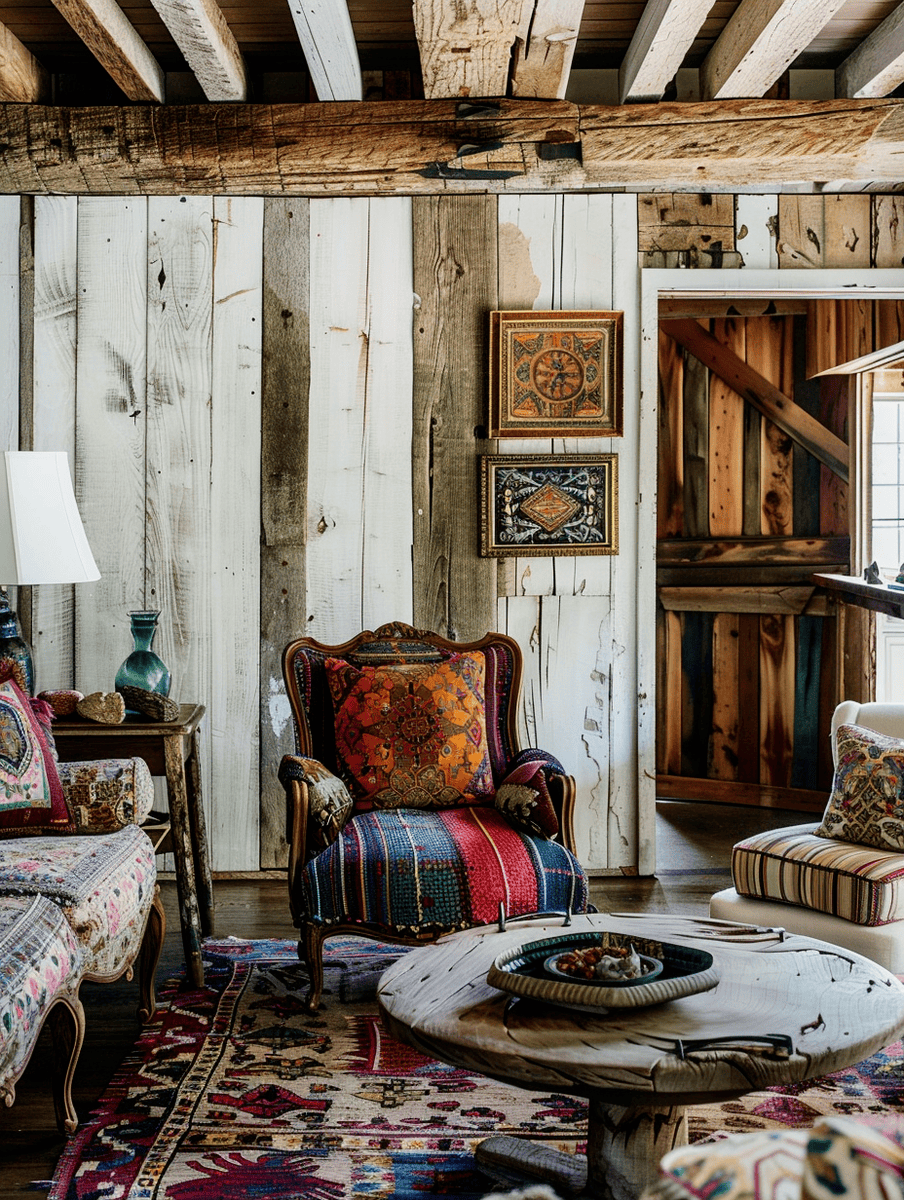Boho-chic living space with accent chairs with weathered wood and colorful upholstery. vintage coffee table