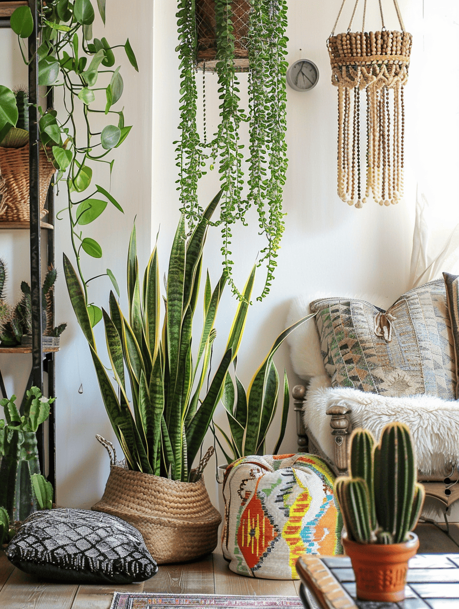 Boho-chic living space with variety of indoor plants