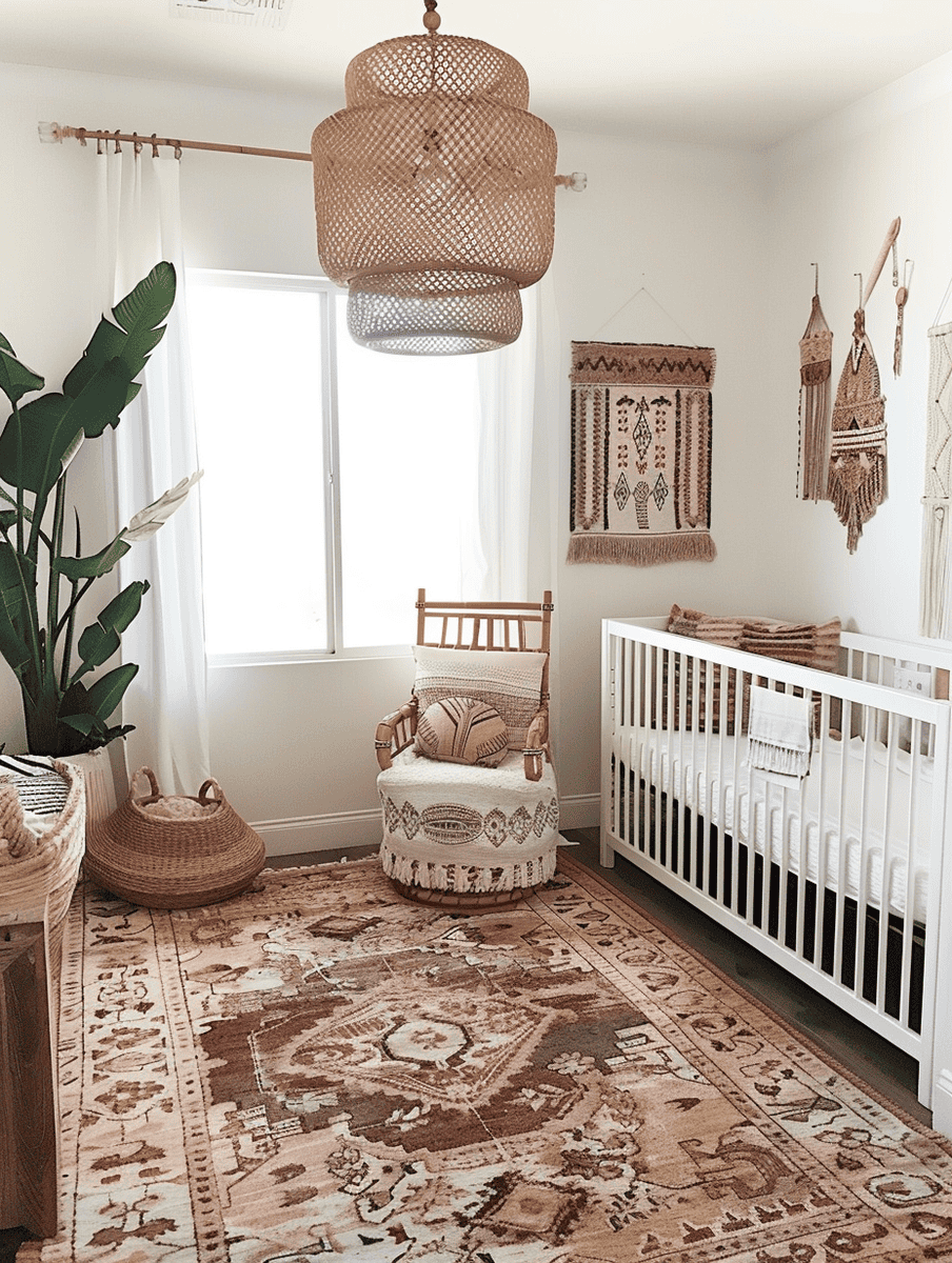 Boho chic nursery with tribal pattern rugs and bamboo light fixtures
