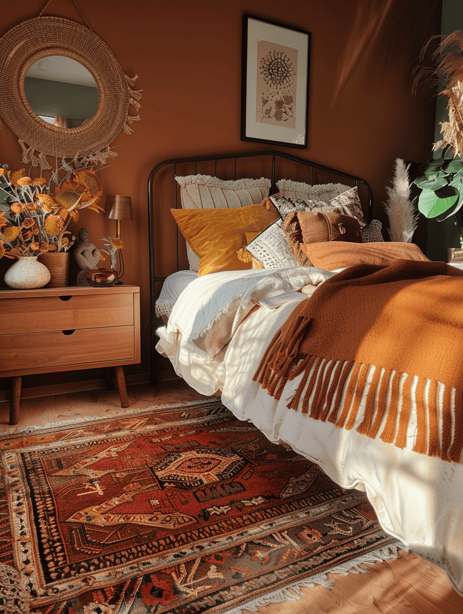Bedroom decor with terra-cotta accent wall