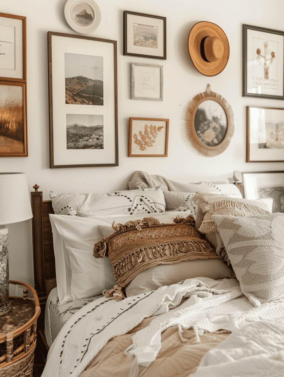 Boho bedroom retreat. eclectic gallery wall featuring mixed materials