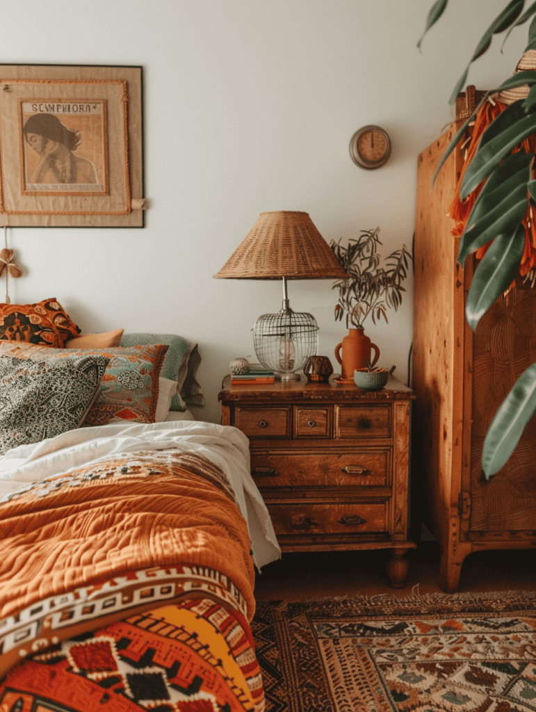 Boho bedroom with vintage lamp