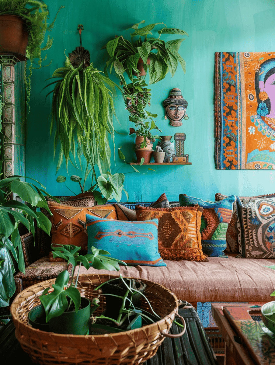 turquoise walls boho living room.  Potted plants, a wicker basket on a boho coffee table against a brightly-colored wall art  