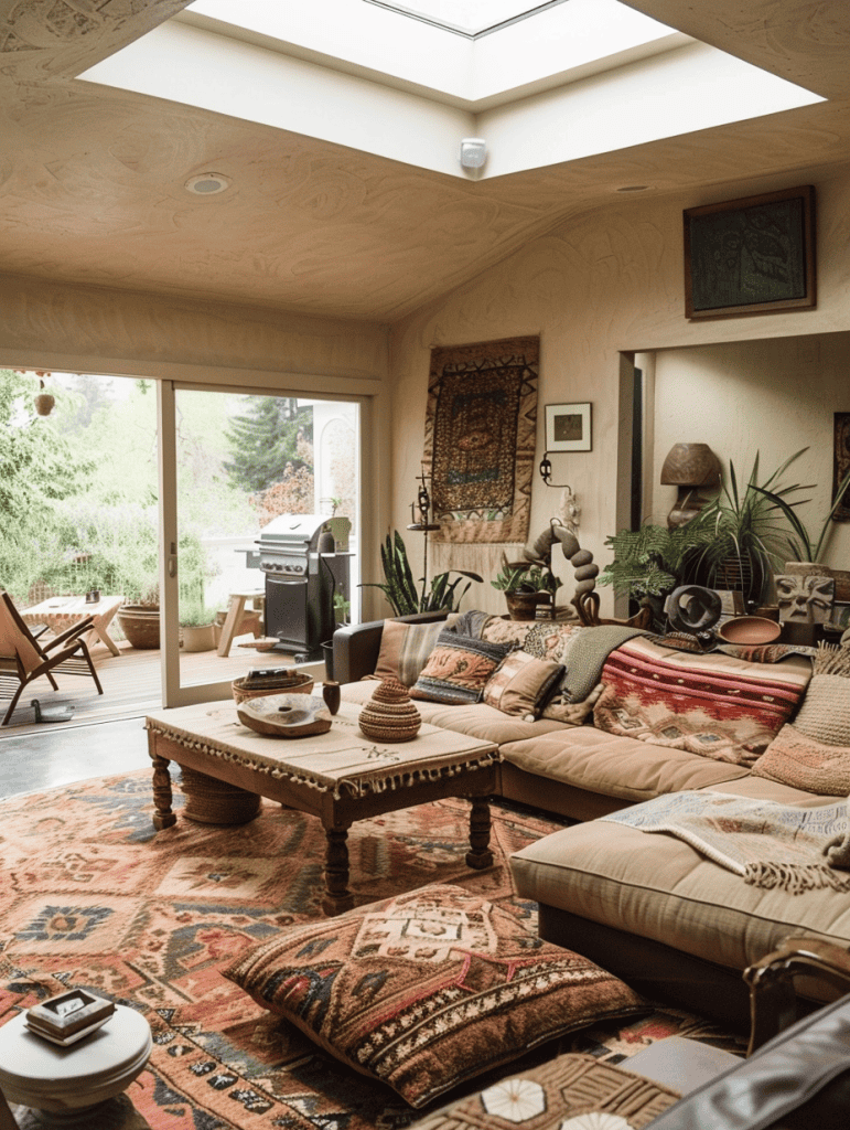 Boho living room with large doors leading to porch. a skylight. woven rug, 