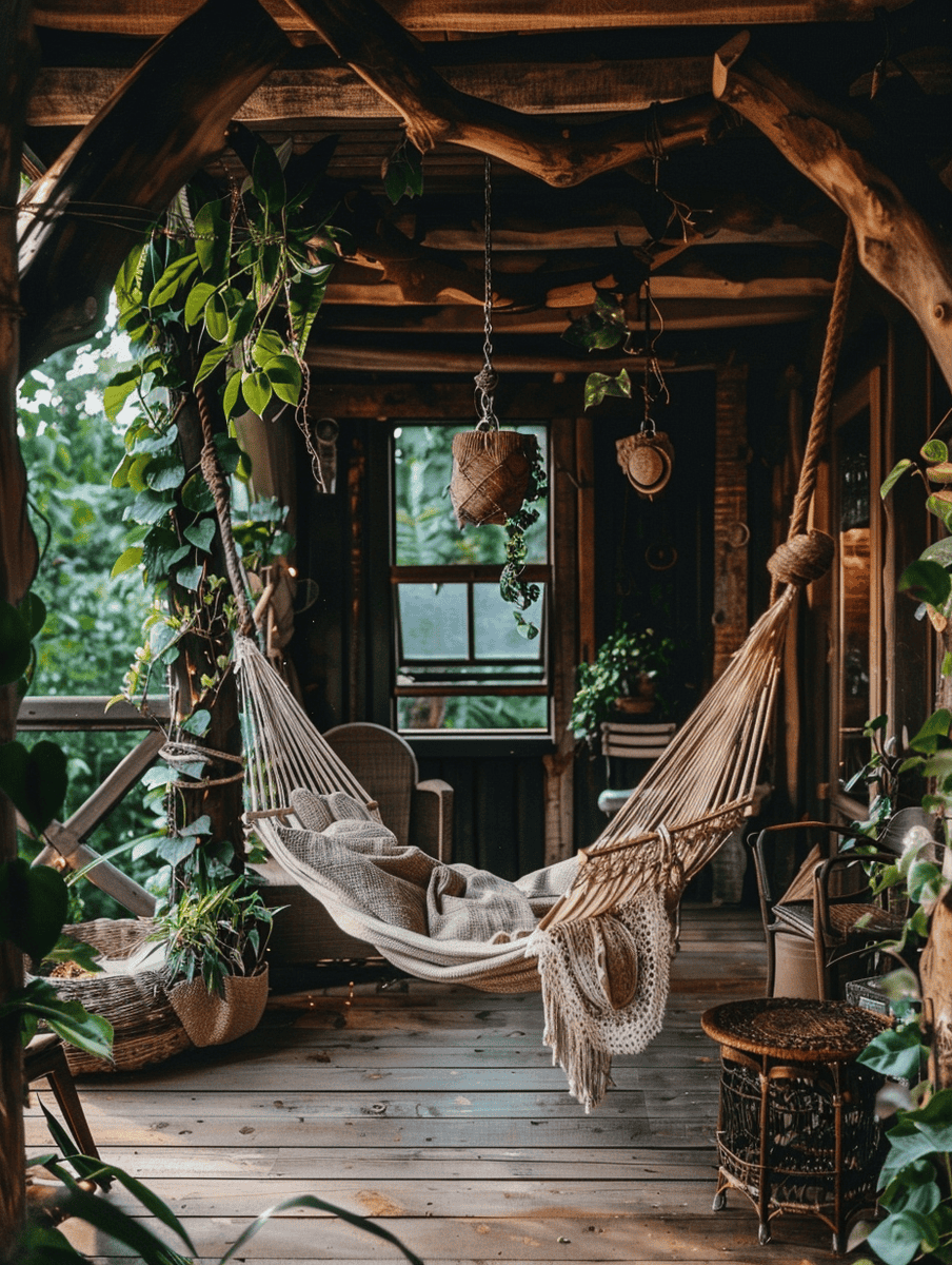 bohemian style hammock with plant decor in a treehouse