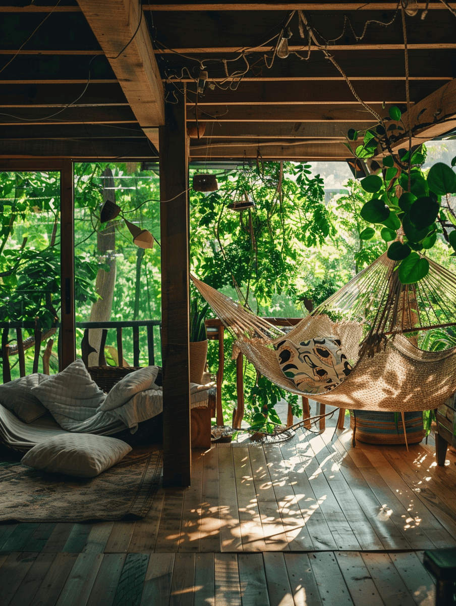 treehouse interior with hammock and patterned cushions