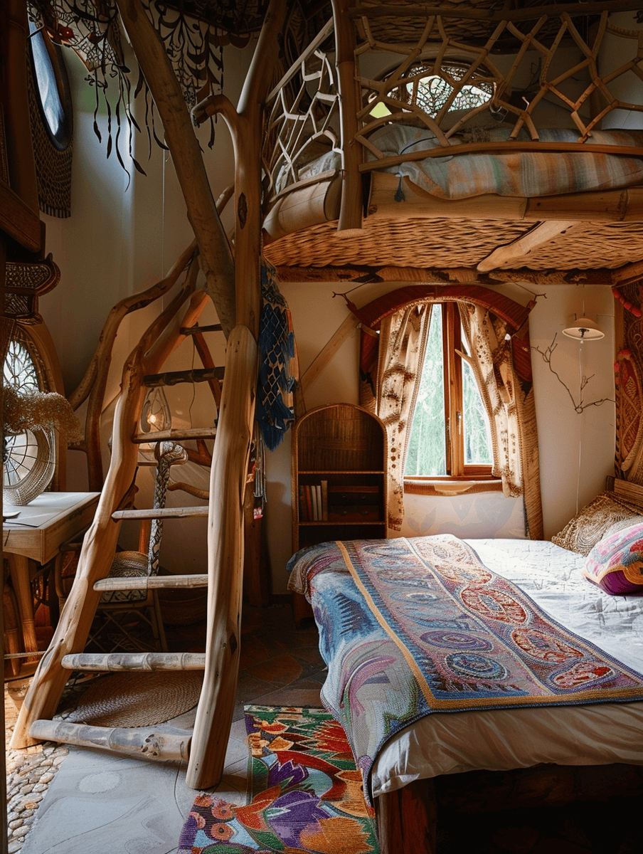 treehouse bedroom with colorful boho bedding and wooden details