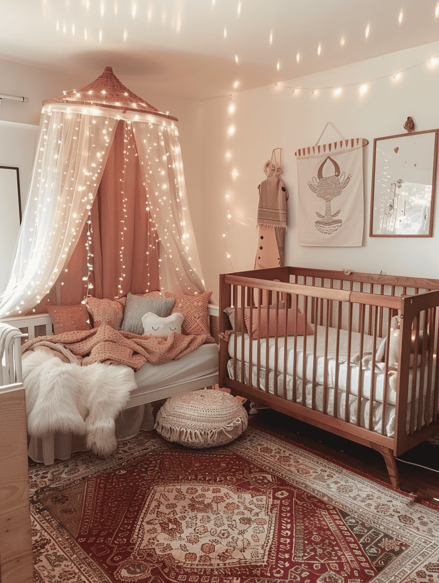 Boho chic nursery with whimsical fairy lights and gauzy curtains