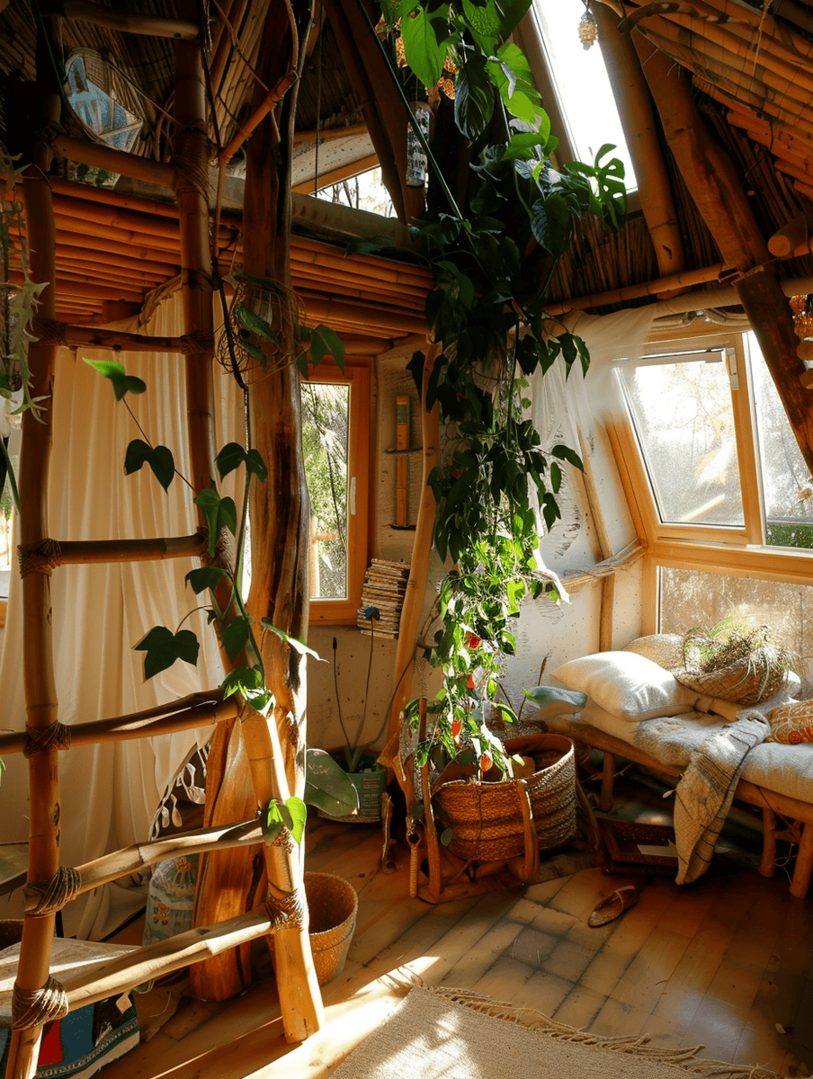 sunlit treehouse corner with indoor plants and bamboo ladder
