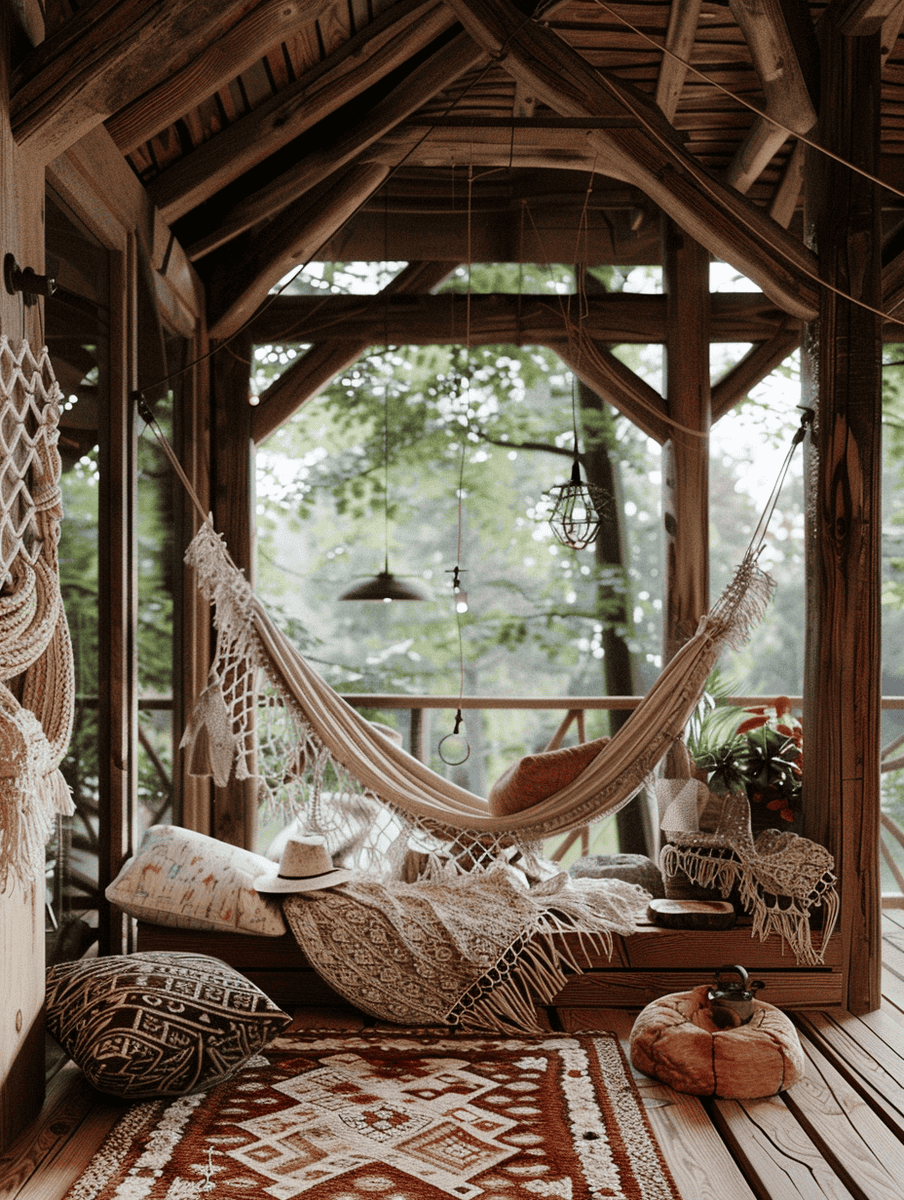 treehouse hammock with crochet throw and geometric rug