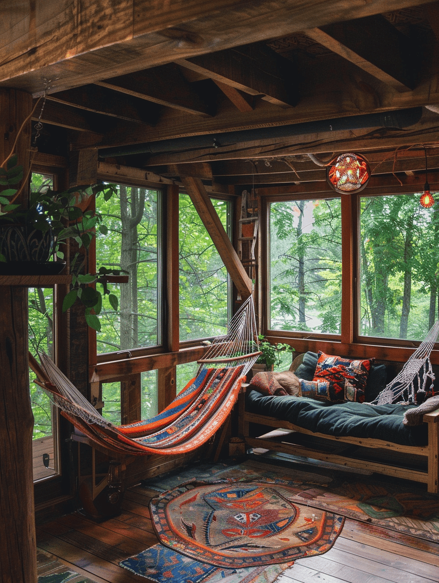 treehouse with striped hammock and traditional rug