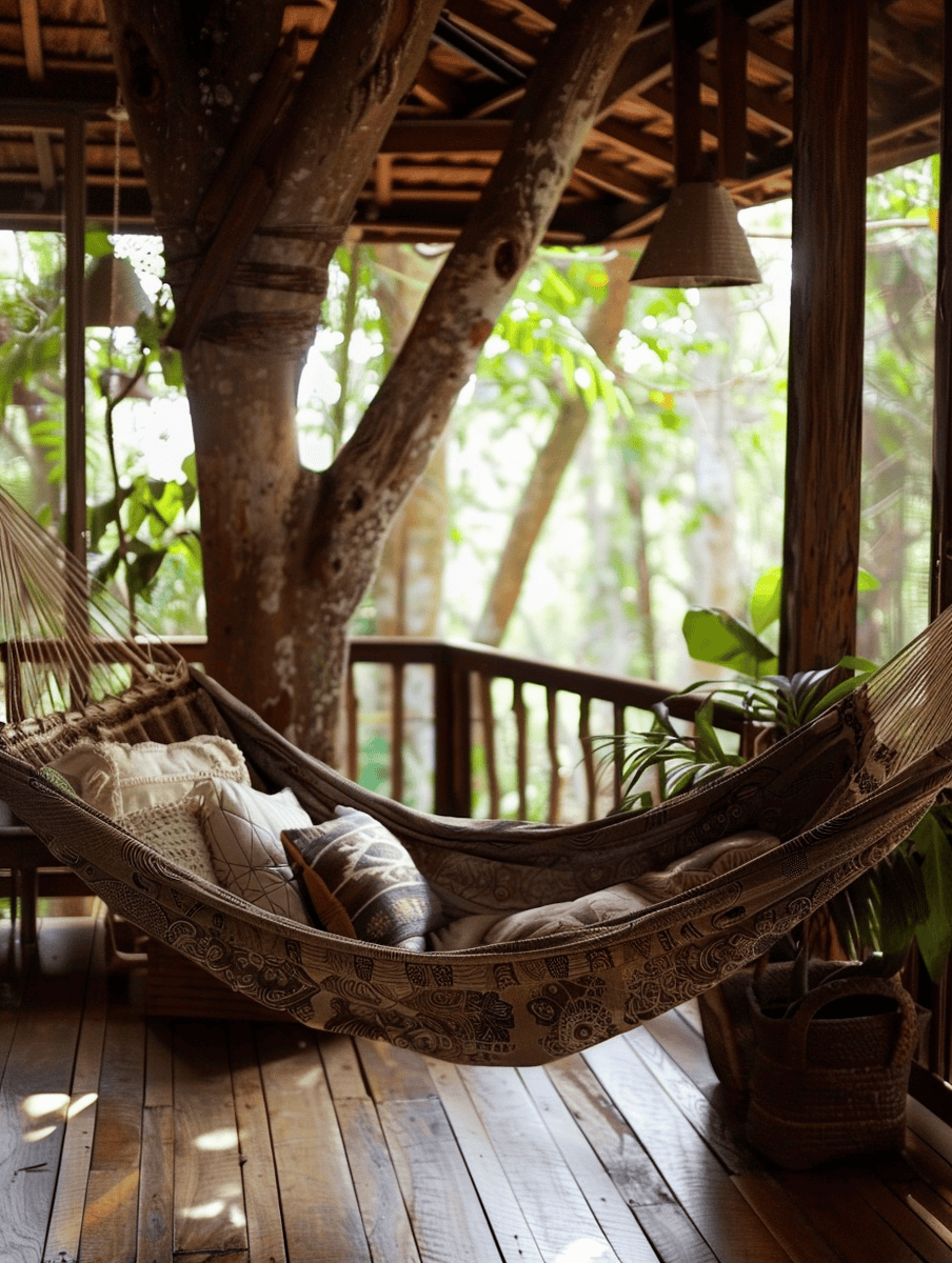 treehouse hammock in a jungle setting with boho patterns