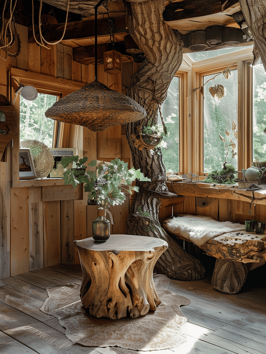 boho treehouse interior with natural wood elements and woven pendant light
