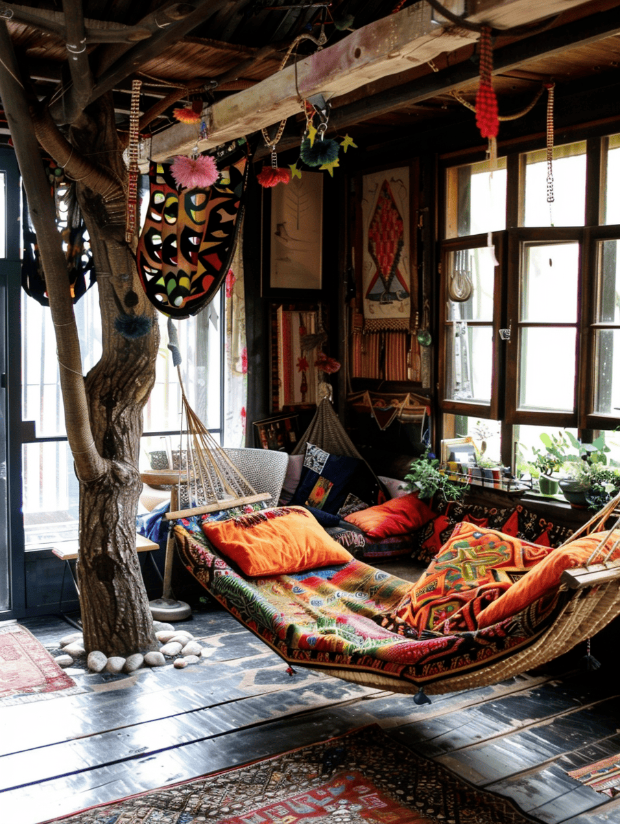 treehouse lounge with colorful hammock and eclectic boho decor