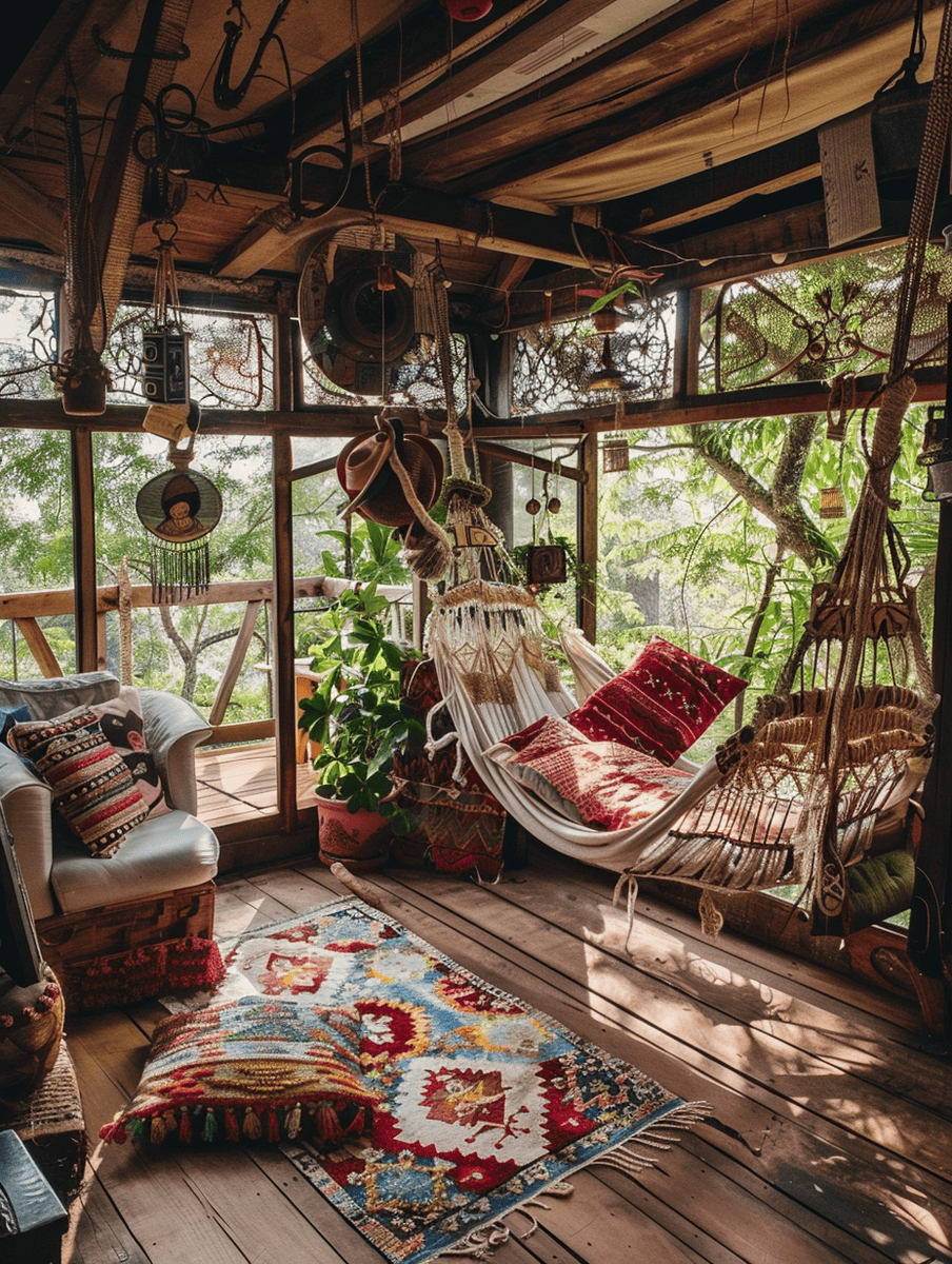 treehouse corner with macramé chairs and vibrant boho cushions