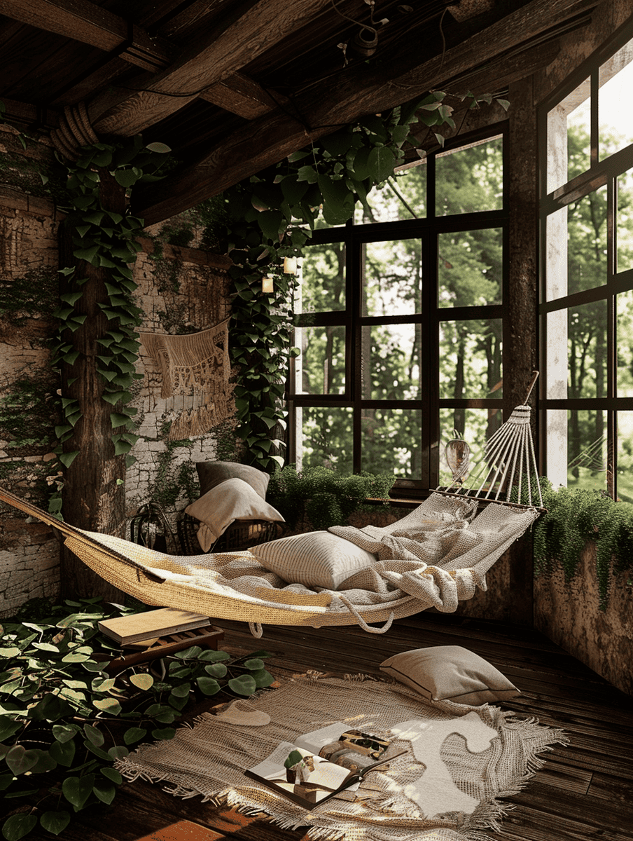 treehouse reading nook with hammock and greenery