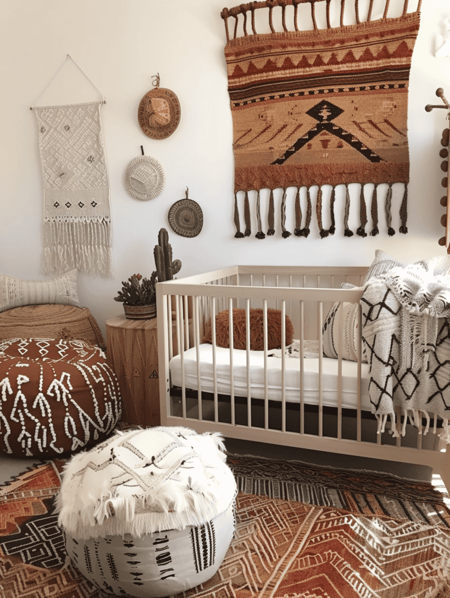 Boho chic nursery with Moroccan poufs and woven wall hangings