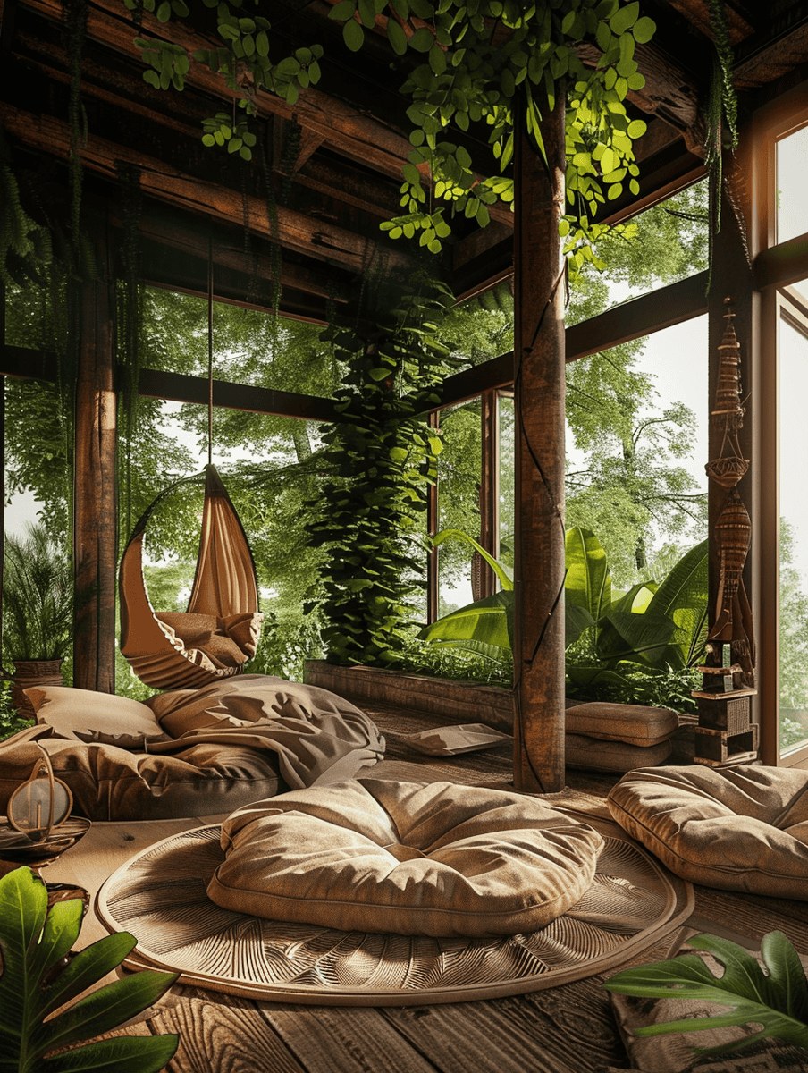 treehouse meditation space with floor cushions and lush greenery