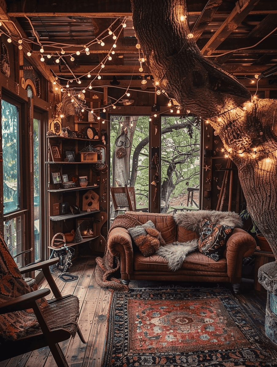treehouse living area with string lights and cozy boho decor