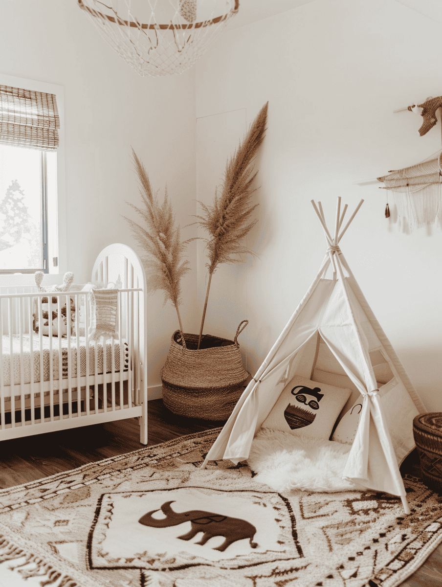 Boho chic nursery with a teepee play corner and plush animal rugs