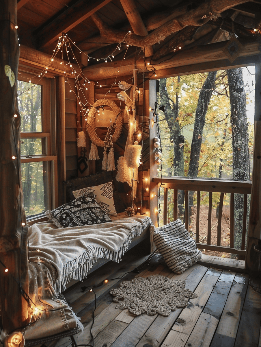 A rustic cabin porch is transformed into a snug retreat with a daybed adorned with patterned pillows and a fringed throw, accented with twinkling string lights, bohemian-style decor, and a view of the autumnal forest outside.