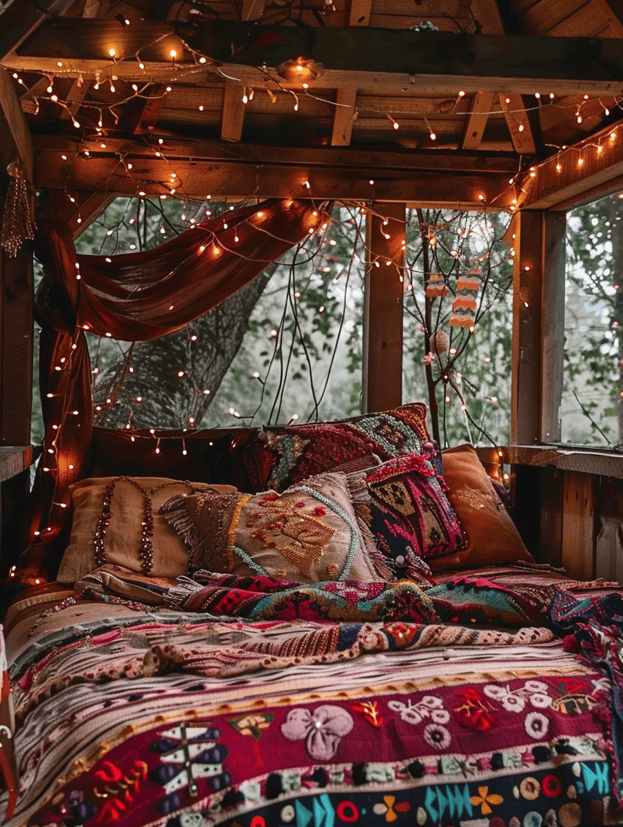 cozy bohemian bed with twinkling lights and colorful textiles