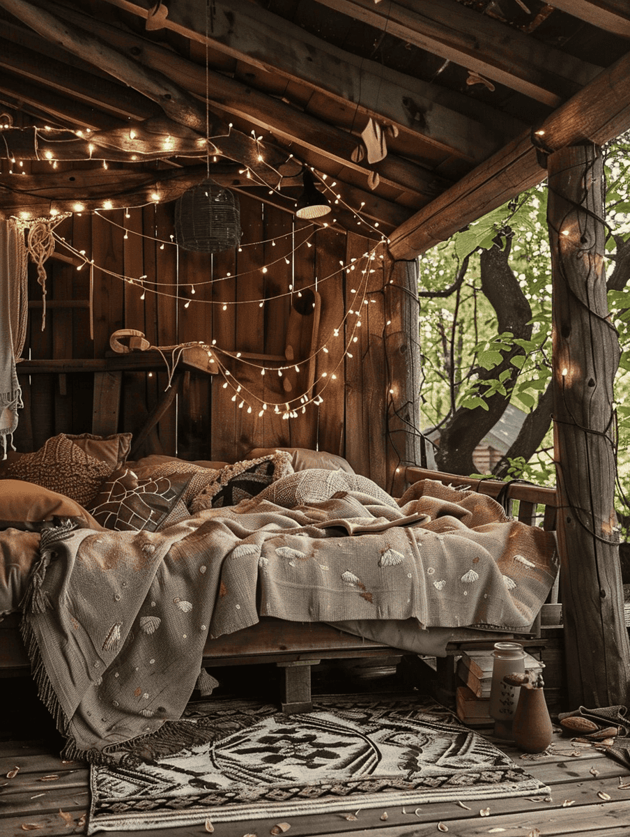 treehouse bed with fairy lights and neutral boho bedding