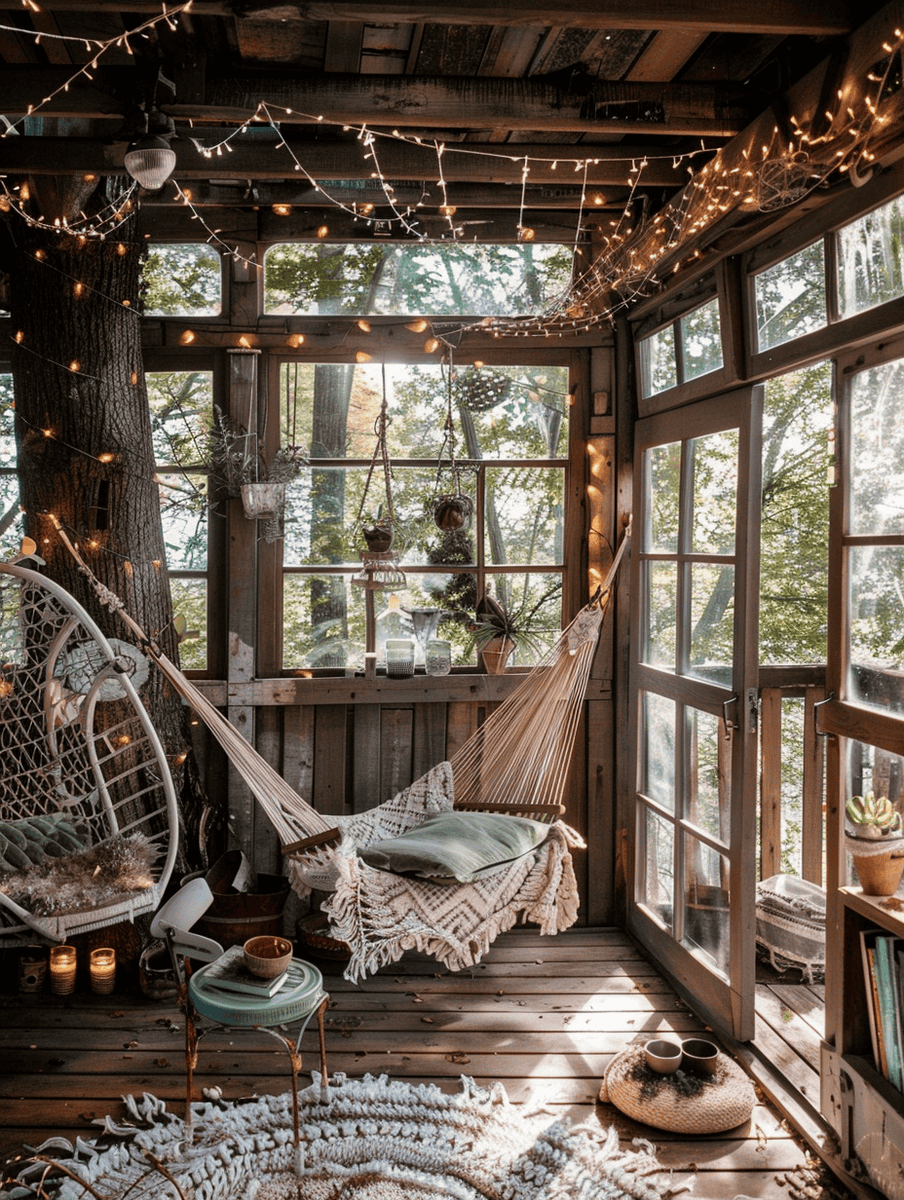treehouse veranda with hammock and fairy lights
