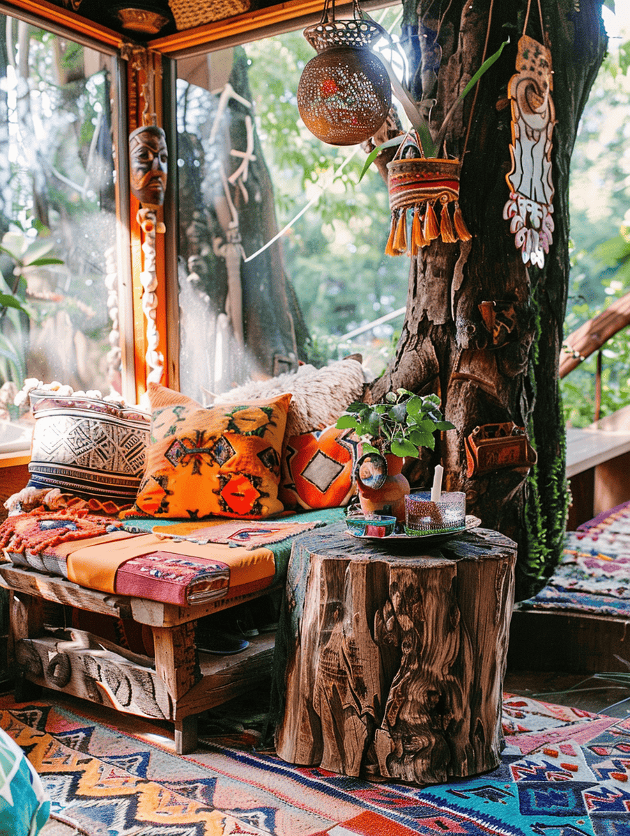 colorful boho daybed with rustic accents in a treehouse corner