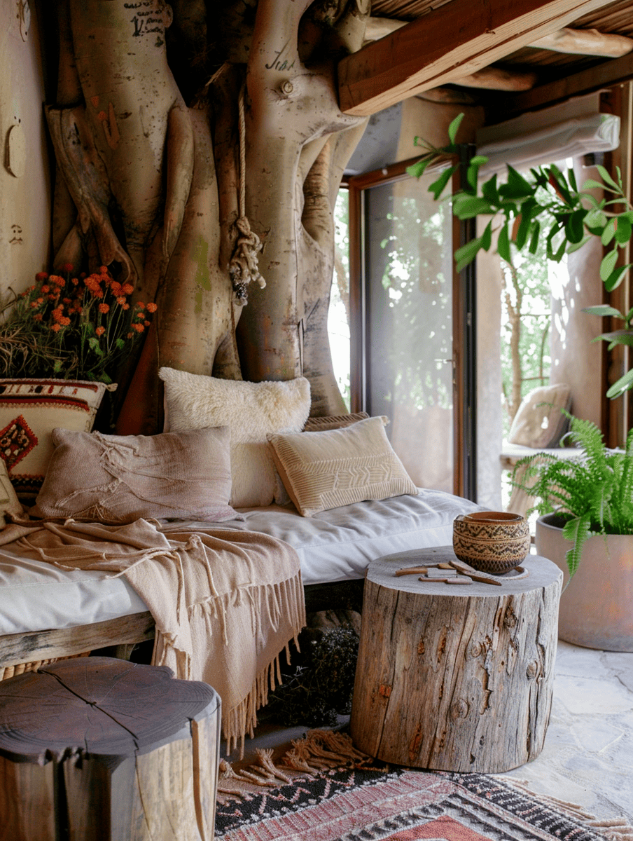 treehouse nook with neutral boho textiles and wood stump tables