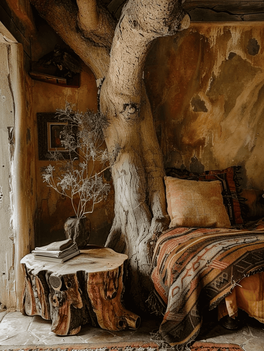 treehouse alcove with rustic wooden furniture and warm textiles