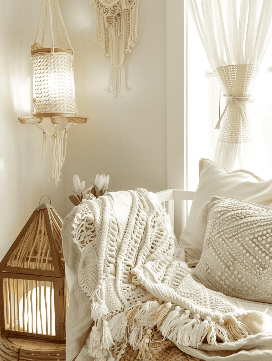 Boho chic nursery with neutral linen bedding and soft LED lanterns
