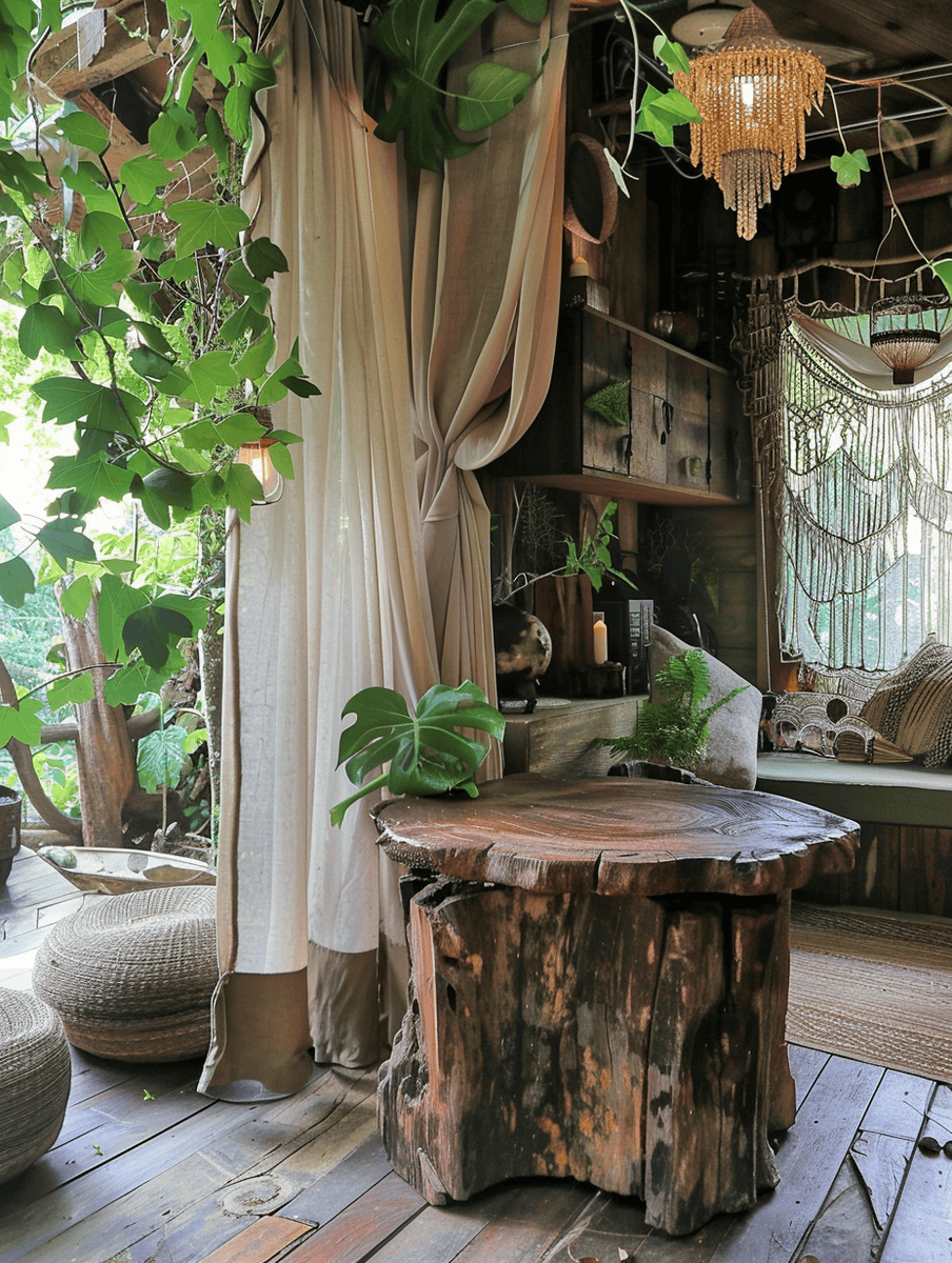 natural wood stump table with beaded chandelier in a boho treehouse corner