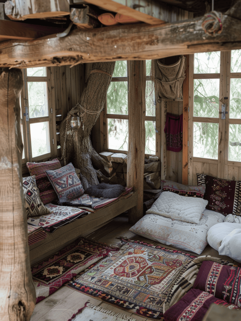 treehouse interior with patterned rugs and boho cushions
