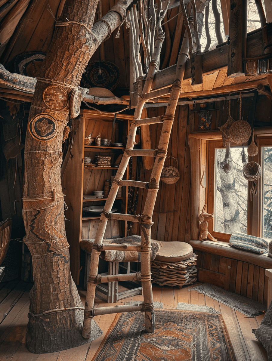 lofted treehouse space with boho details and wooden ladder