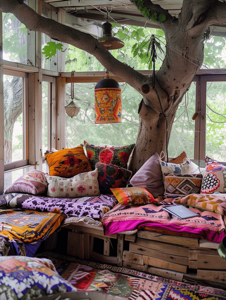 A cozy bohemian nook with a built-in wooden pallet couch adorned with vibrant, patterned cushions and throws, illuminated by eclectic hanging lamps, with a sturdy tree trunk sprouting through the room, framed by windows overlooking lush greenery.